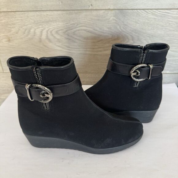 Stuart Weitzman Black  Suede Bootie Platform Wedge Women 7.5 M Buckle Zip - Picture 9 of 16